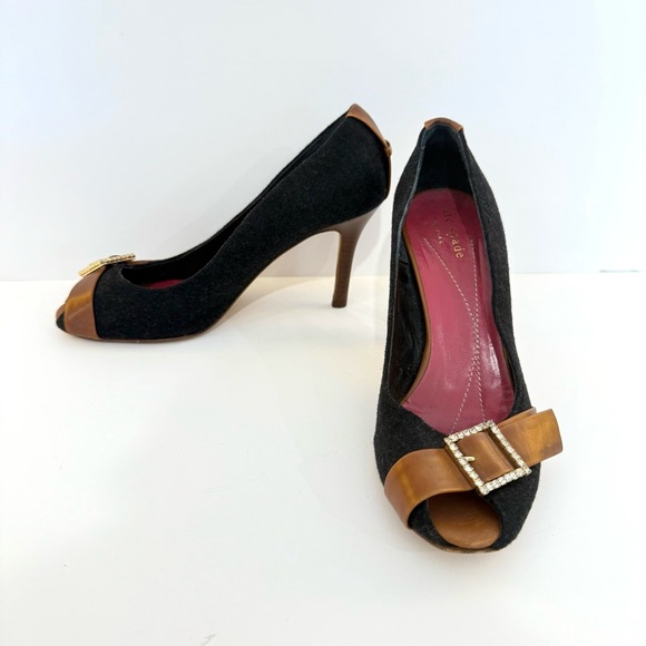 Kate Spade Black Felt Fabric Leather Rhinestone Office Open Toe Heels Size 6 B - Picture 6 of 10